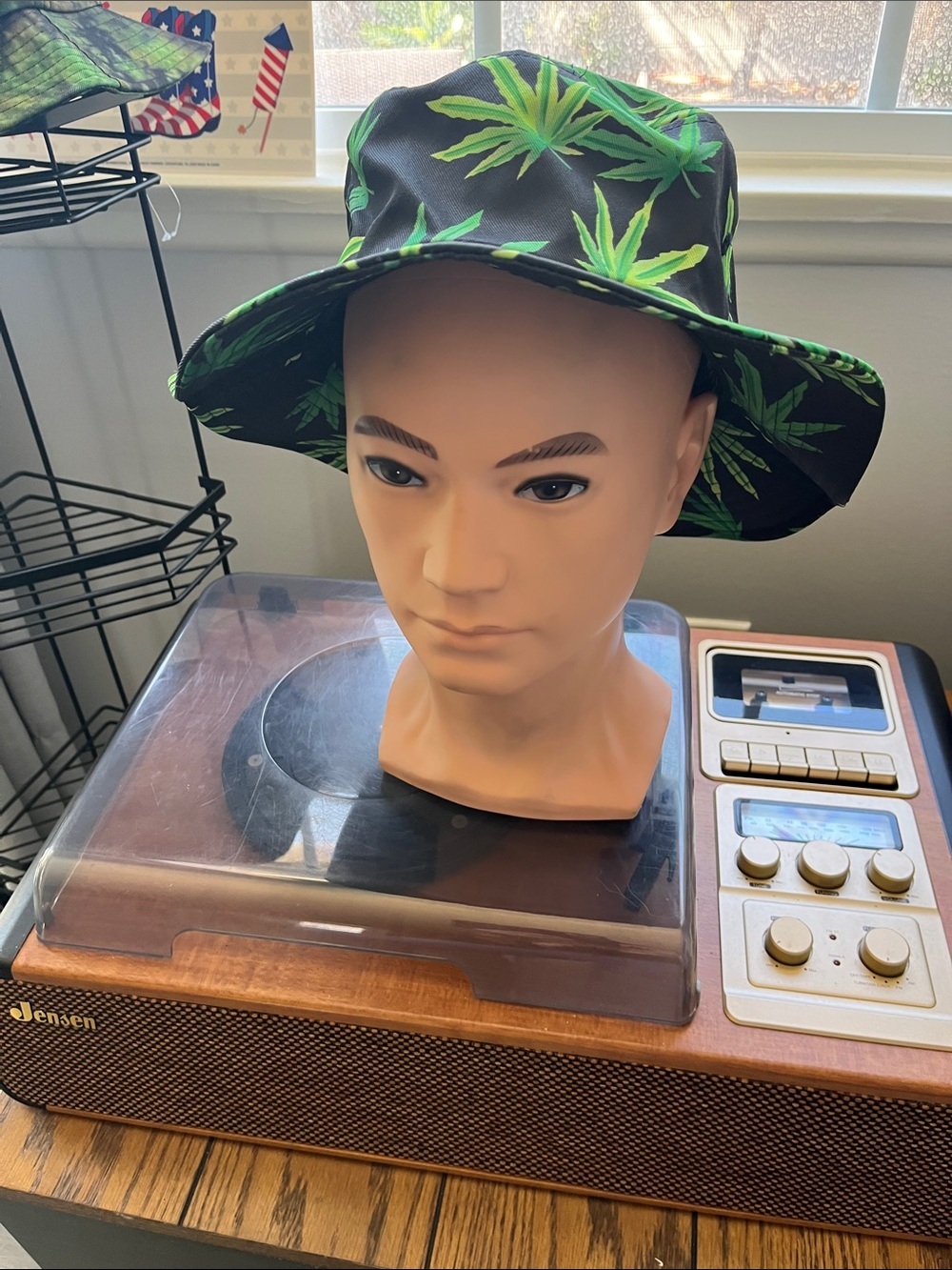 Black Bucket Hat with Green Leaf Print - Men Accessories Hats